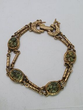 Vintage Solid Copper Green Jade Stone Chip Mosaic Bracelet MCM Double Bar Links
